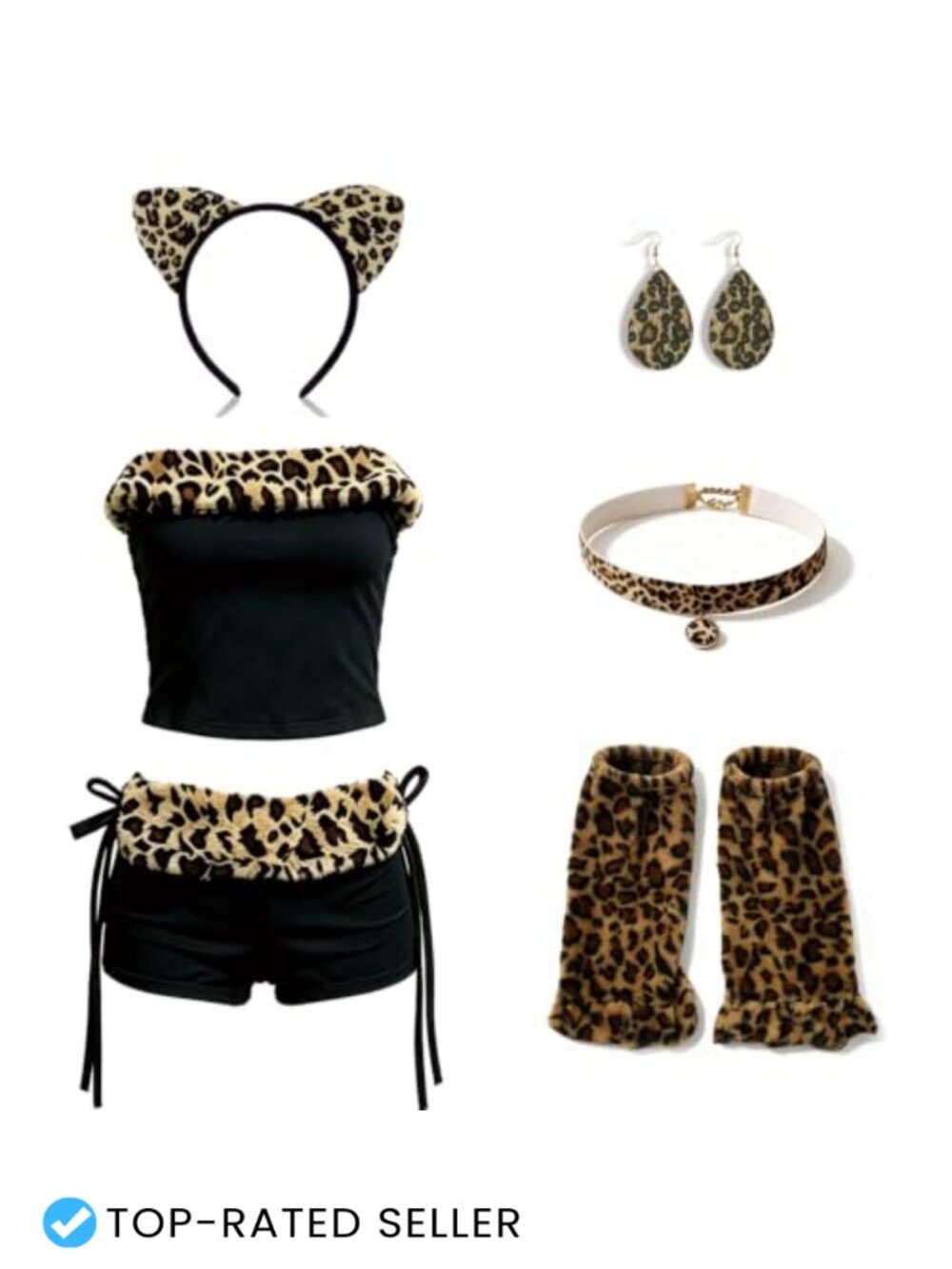 Leopard Print 6 Piece Costume Set Women's Y2K Halloween Party Tube Top Shorts